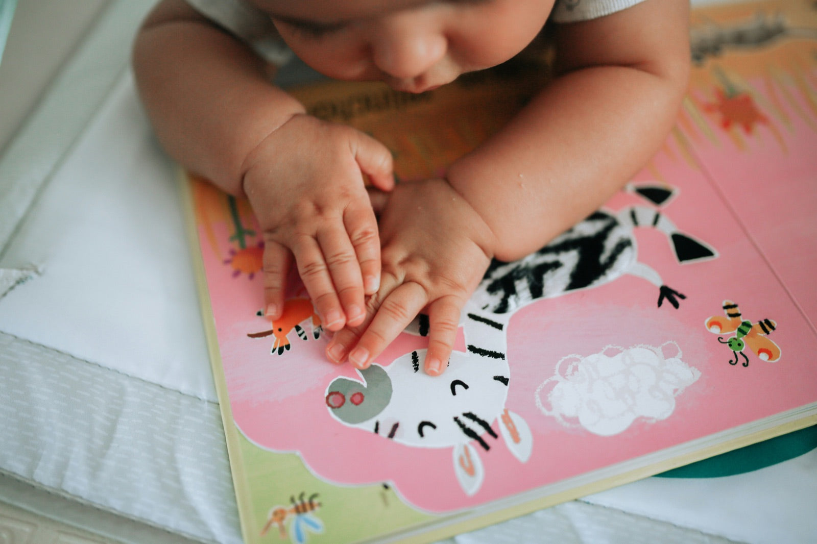 A young child's hands exploring a colorful picture book